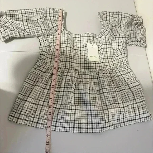 Free Assembly Size XS Ivory Plaid Organic Cotton Women's Puff Sleeve Blouse Top - Picture 14 of 15
